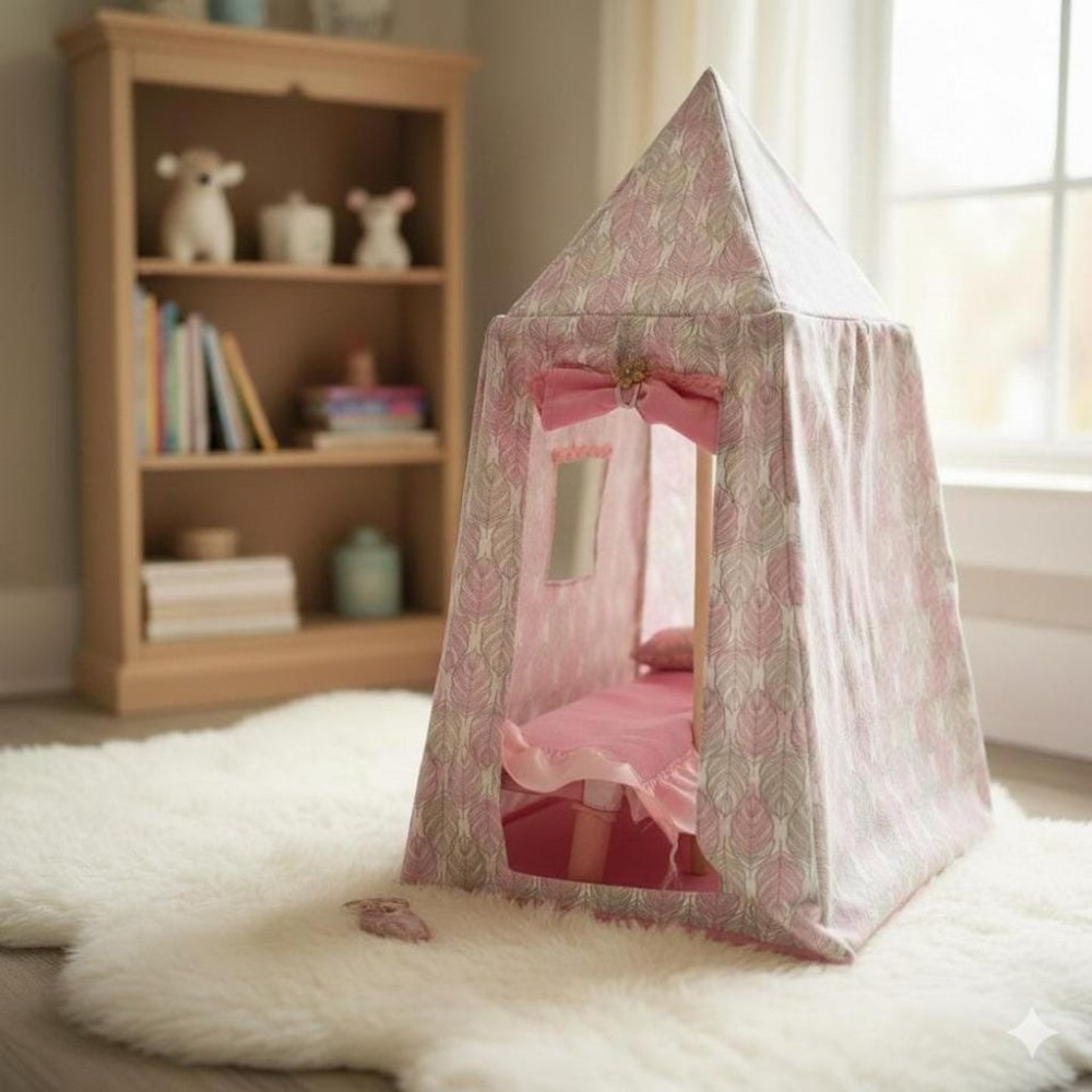 Doll Bed Tent Pink Leaf Print Canopy House for Barbie, Handmade, whimsy.